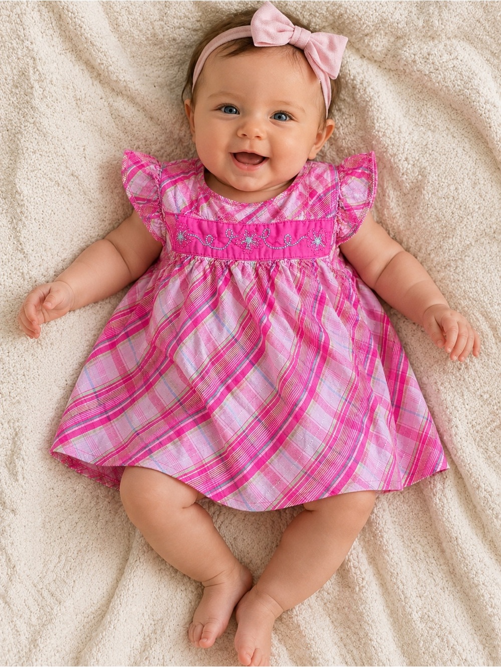 Bright Pink Plaid Baby Dress with Embroidered Yoke